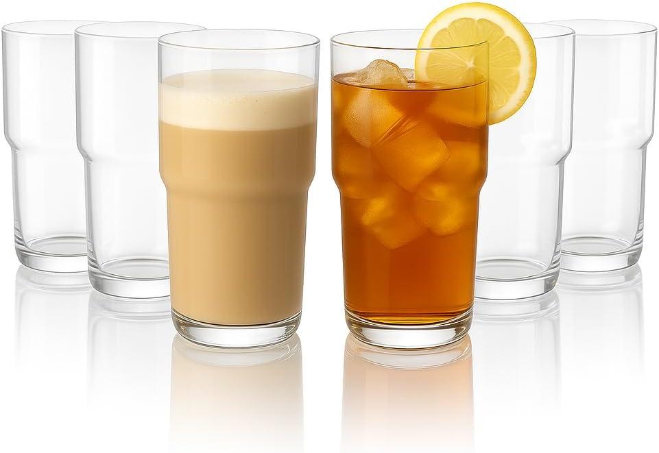 LEMONSODA Stackable Iced Coffee Glasses Set of 6, 48-15 and 21oz Drinking Glasses for Lattes, Tea, Coffee, and Water (21oz, Set of 6) | Modern, Stackable, Cups, For Any Drink, Water, Coffee (Clear)