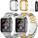 Compatible With Apple Watch Band and Case Iwatch Ultra 10 9 8 7 6 5 4 3 2 1 SE 46mm Series,Men Women Classic Classy Stainless Steel Metal Business (Gold/Silver&Silver)
