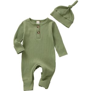 Infant Boys Girls Clothes Set Newborn Baby Romper Hat Ribbed Knit Long Sleeve Button Solid Bodysuit Jumpsuit (Green, 0-3 Months)