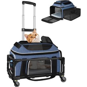 Petskd Top and Side Expandable Pet Carrier with Wheels 17x12x8.5 Inches JetBlue Frontier Spirit Airline Approved, Soft-Sided Carrier for Small Cats and Dogs with Locking Safety Zippers(Blue)