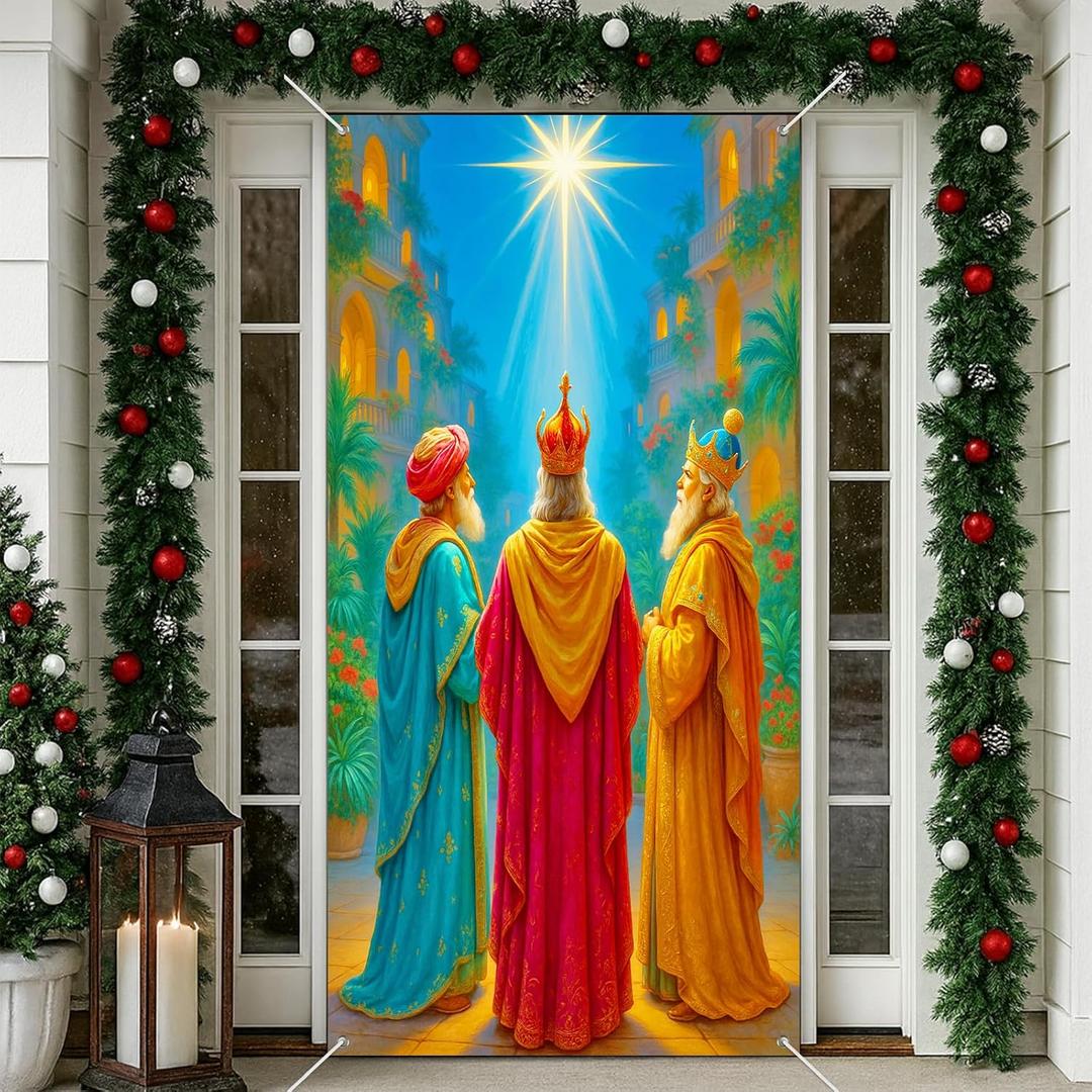 IVN Three Kings Day Epiphany Door Cover 71 x 35 Inches Front Door Banner Nativity Star Religious Holiday Decor Indoor And Outdoor (Three Wise Men)