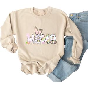 Ykomow Happy Easter Sweatshirt Women Long Sleeve Cute Bunny Rabbit Graphic Tees Pullover (2XL, Cream-2)