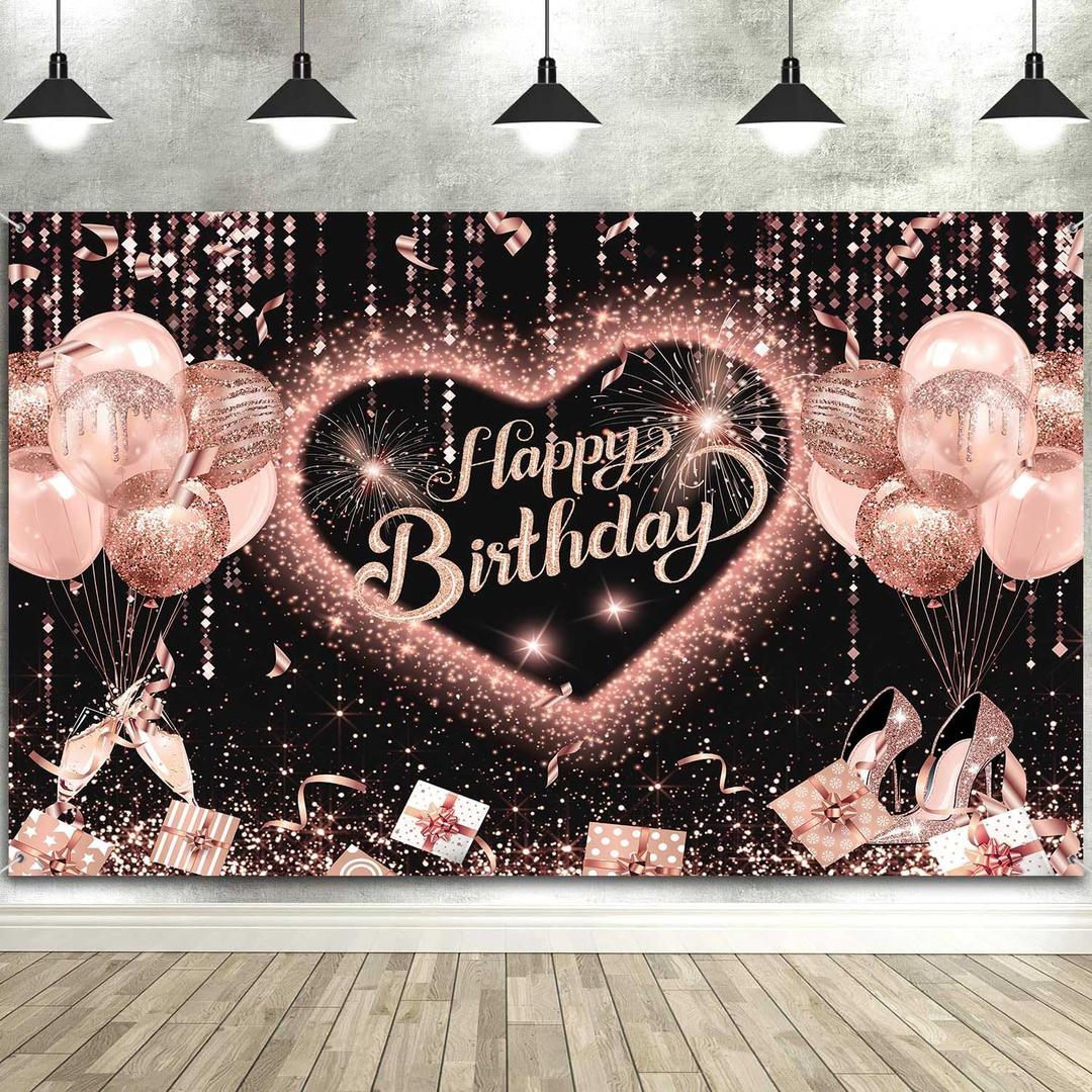 Happy Birthday Backdrop Banner, Glitter Pink Ballons Champagne Women High Heels Sweet Love Heart Happy Birthday Photography Background Sweet Girls Birthday Party Banner Decorations, 72 x 44In