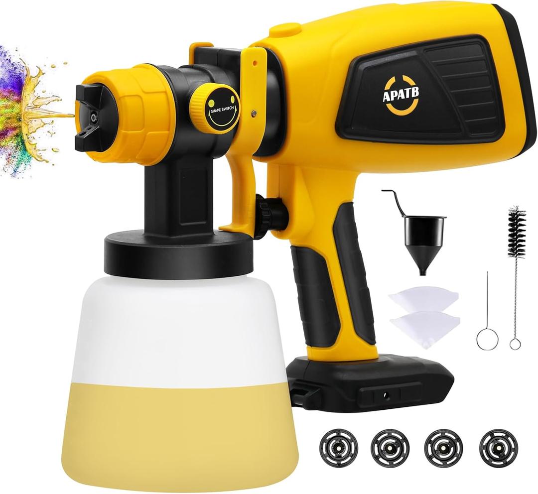 Cordless Paint Sprayer for Dewalt 20V MAX Battery, HVLP Spray Paint Gun with Brushless Motor and 4 Copper Nozzles & 3 Spray Patterns (Battery Not Included) (Yellow)