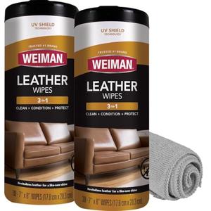 Weiman Leather Cleaner Wipes - Clean Condition UV Protection Help Prevent Cracking or Fading of Furniture, Car Interior, Couch, and Shoes, 2 Pack with Microfiber Cloth