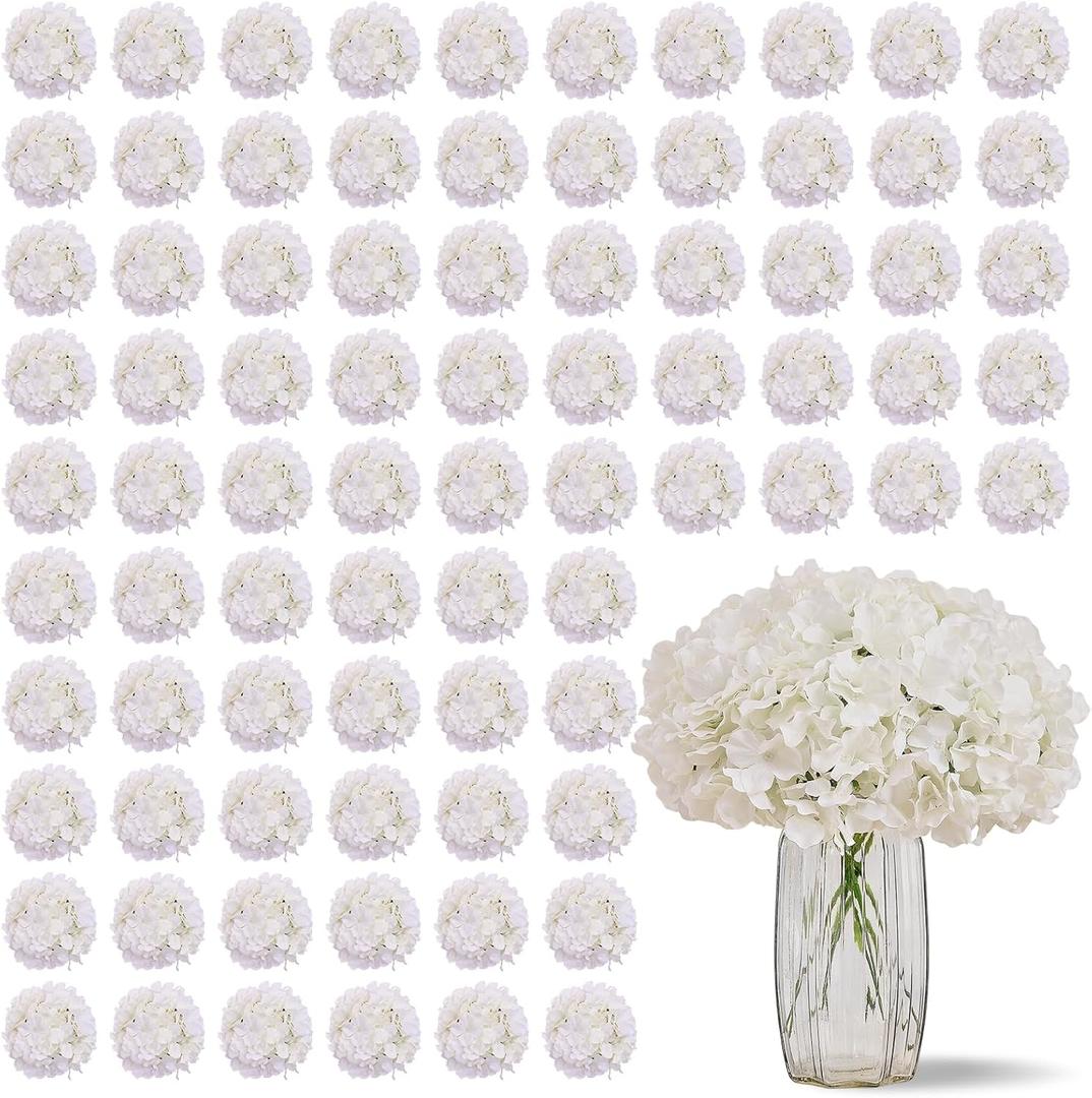 100 PCS Ivory Hydrangea Artificial Flowers, Faux Hydrangea Flowers Silk Full Flowers Heads with Stems for Wedding Centerpieces, Home, Garden, Baby Shower, Party Decoration (Medium)