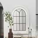36x24 inches Wooden White Arch Window Mirror with Grid Frame, Decorative Arched Vanity Wall Mirrors for Bedroom Dresser, Bathroom, Living Room, or Entryway Decor