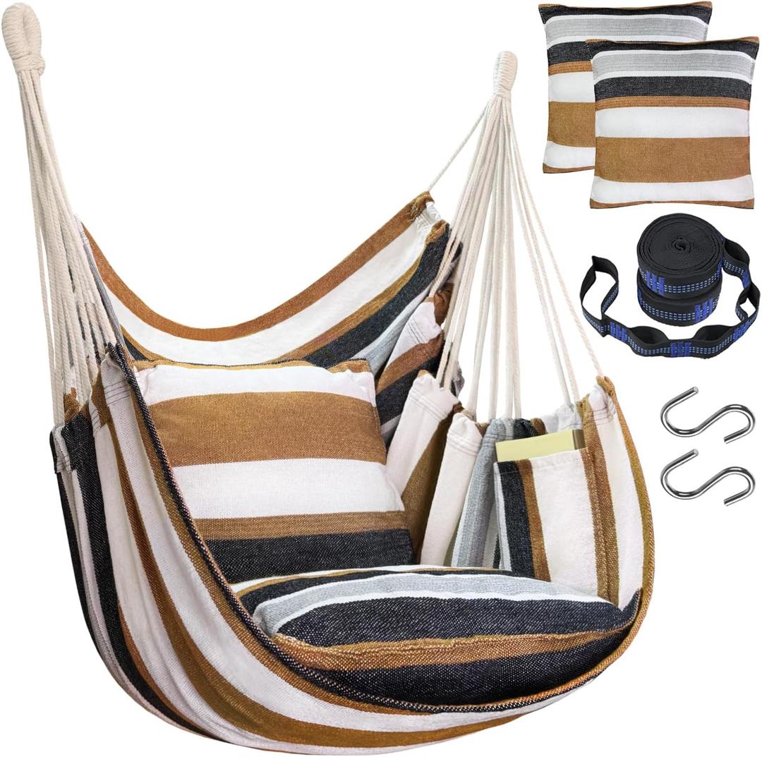 Halalona Hammock Chair Hanging Hammock Chair Rope Swing 2 Cushions Included-Sturdy & Durable Soft Cotton Hand Woven Hammock Swing for Bedroom, Porch, Patio-Indoor/Outdoor (Brown Stripes)
