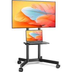Rolling TV Stand with Upgraded Wheels for 32-75 Inch TVs, Height Adjustable Mobile TV Stand with Laptop Shelf, Mobile TV Cart with Heavy Duty Structure up to 88lbs for Living Room (Black)