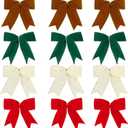 12 Pcs Velvet Bows for Christmas Tree 6 Inch, Vintage Christmas Bows Holiday Ornaments Wreath Gift Bow for Garland DIY Craft Wrapping Decor (Red, Khaki, Brown, Green)