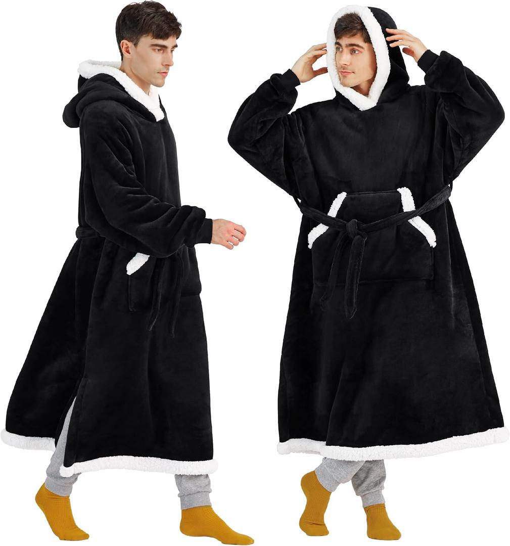 Bedsure Wearable Blanket Hoodie, Long Hooded Blanket Sweatshirt as Christmas Birthday Gifts for Men, Cozy Sherpa Hoodie for Adult, Oversize, Black