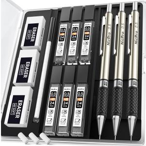 Nicpro RG1000 0.5 mm Art Mechanical Pencil Set in Storage Case, 3 PCS Metal Drafting Pencil Lead Pencil with 6 Tube HB Refills, 3 Erasers, 9 PCS Eraser Refills for Artist Writing, Drawing, Sketching (3 Pack)