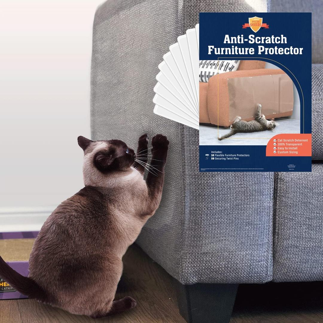 10 Pack XL Anti Cat Scratch Furniture Protector - Couch Protector from Cat Claws w/Twist Pins - Heavy Duty, Strong, Clear, Easy-to-Apply Scratching Deterrent and Shield for Sofa