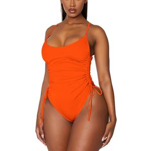 Viottiset Women's Ruched High Cut One Piece Swimsuit Tummy Control Bathing Suit Monokini (Neon Orange) Small