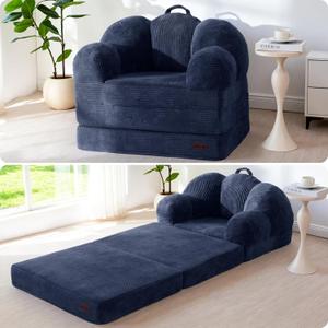 MAXYOYO Folding Sofa Bed, Floral-Shaped Convertible Floor Sofa Couch with Backrest, 2 in 1 Comfy Lounger Bean Bag Chair with Handle, Floor Single Couch for Living Room Bedroom, Navy