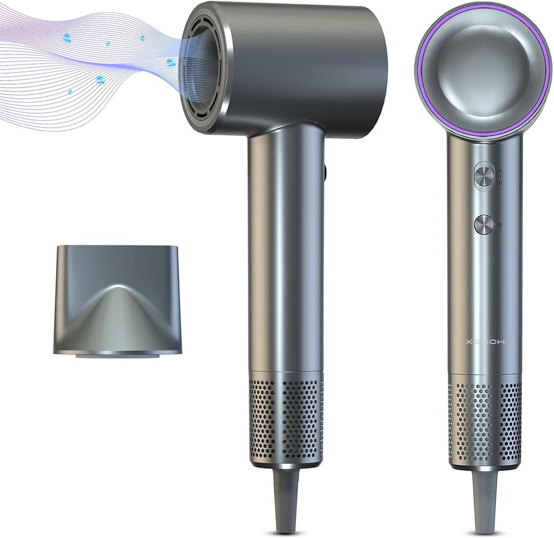 Hair Dryer, XSOOH 160000 RPM Small High-Speed Brushless Motor Travel Portable Blow Dryer for Curly Straightener Hair, Professional Quiet Negative Ionic Hair Dryer Nozzle (Grey)