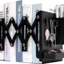 Adjustable Bookends, 19" Metal Book Ends for Heavy Books, 2 Dividers Bookends with Removable Pen Holder, Tray, and 3 Hook-up, Book Organizer for Office, School, Bookstore, Home (Black)