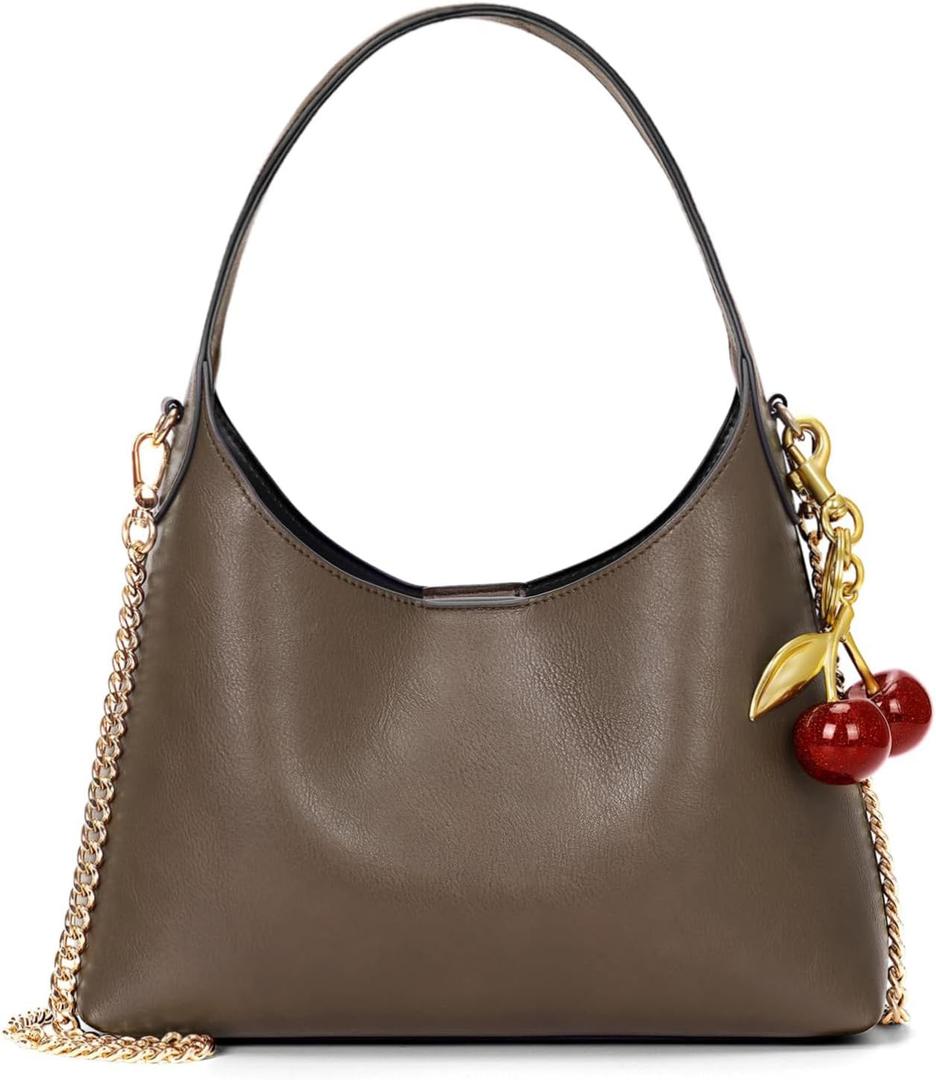 Small Hobo Bags for Women Cherry Shoulder Bag Purse Faux Leather Tote Handbag Trendy Chain Crossbody Bag (Dark Khaki)