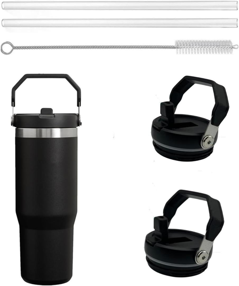 2Pack Replacement Tumbler Lid for Stanley IceFlow 30 oz(Only) Flip Straw Lid, with 2Pcs Reusable Straws,1Pcs Cleaning Brush (Black)