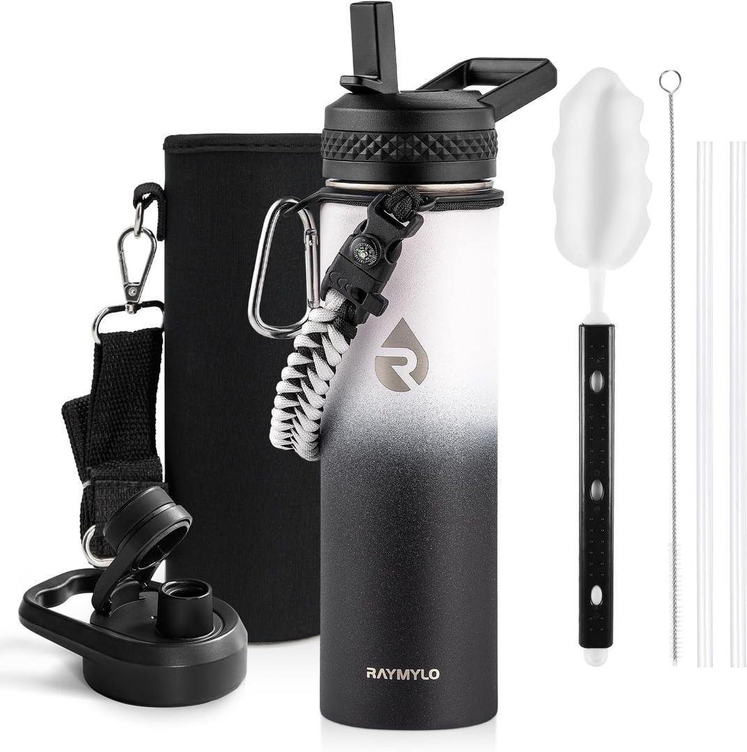 Insulated Water Bottle 20 oz, Triple Wall Vacuum Stainless Steel (Cold for 48 Hrs), Leak Proof & Non-BPA, Kids Water Bottle Jug for School with Straw Spout Lids, Ombre: White/Black