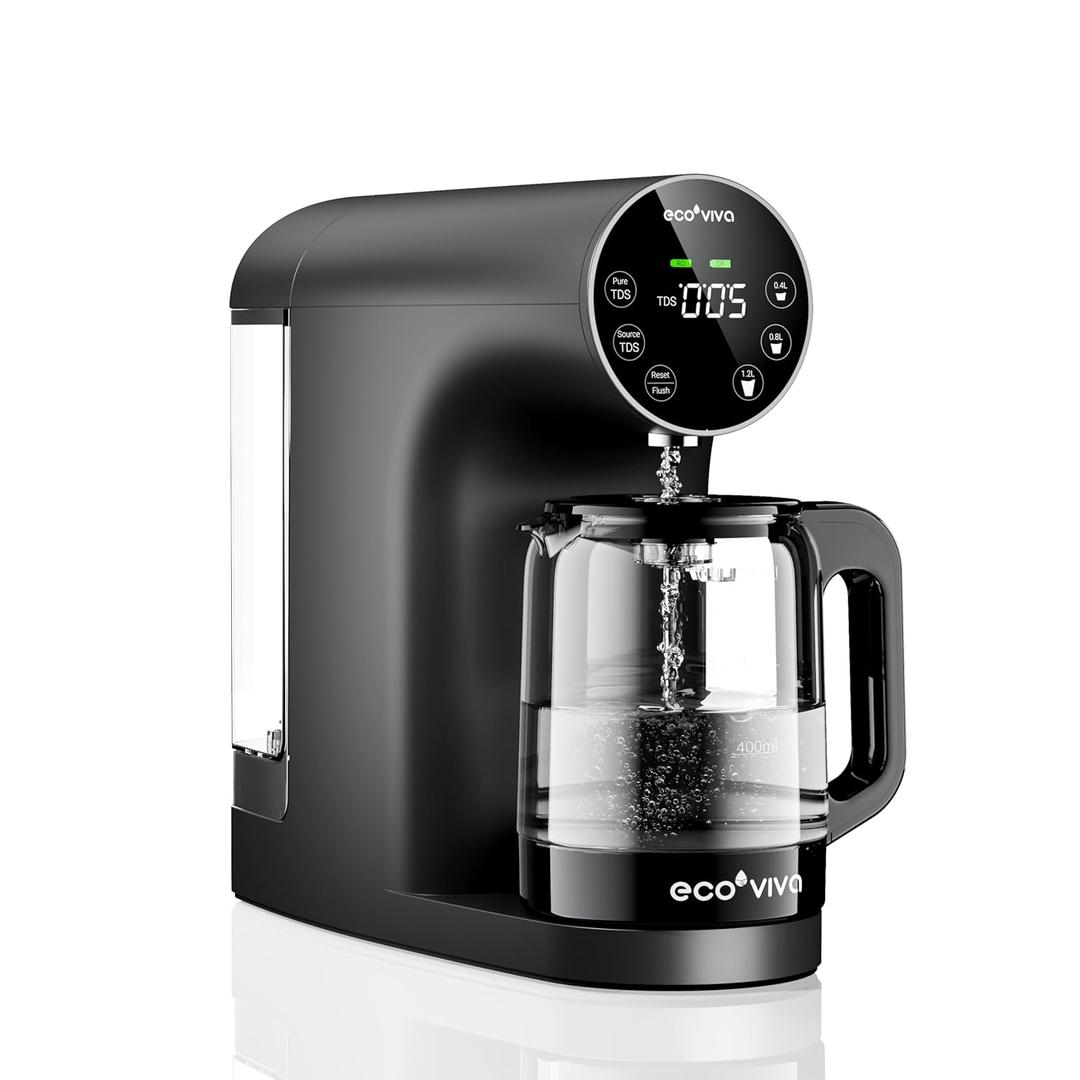 Ecoviva Countertop Reverse Osmosis Water Filter, 6 Stage RO Water Filtration System with 44 oz Glass Carafe, Meets NSF Standard Water Purifier, 3:1 Pure to Drain, Black