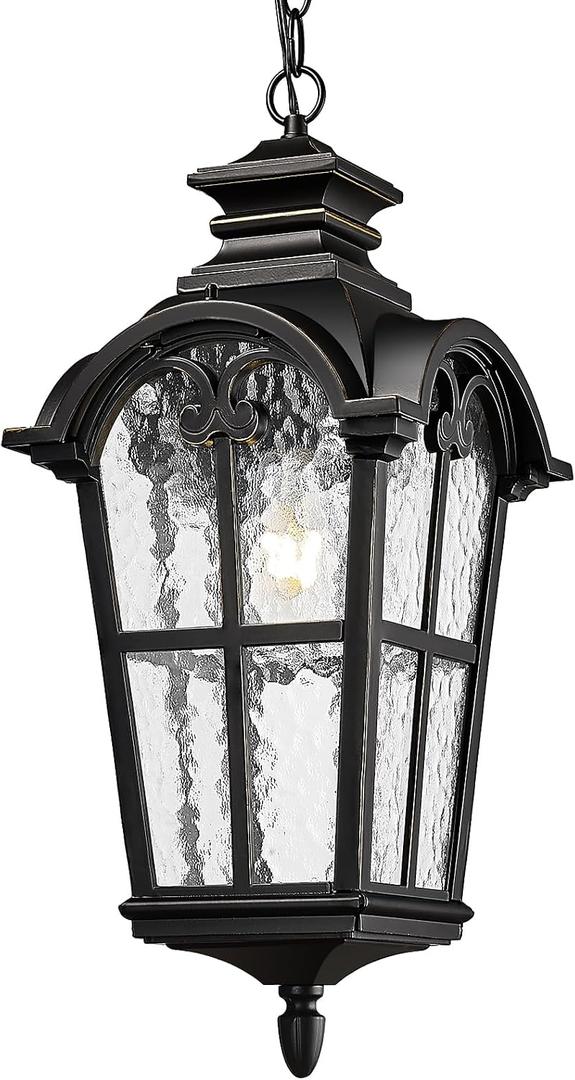 Emliviar Large Outdoor Pendant Light for Porch, 21 Inch Outdoor Hanging Light, Black Finish with Water Glass Shade, WE215HM BG, Medium - 21 Inch