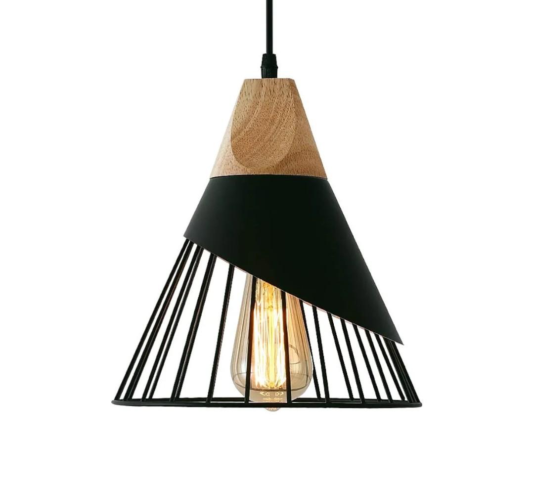 Black Farmhouse Wooden Pendant Light,Rustic Wood & Metal Pendant Lighting, Adjustable Height Hanging Ceiling Light Fixture for Kitchen Island Dining Room Bedroom Hallway