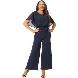 Allegra K Ruffle Sleeve Jumpsuit for Women's Dressy Casual Tie Waist Wide Leg Pants Outfits with Pockets (X-Large, Navy Blue)