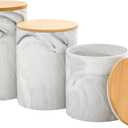 Farmlyn Creek Ceramic Jar Set - Airtight Wood Lids for Kitchen Countertop Jars - White Marble Ceramic Food Storage Containers with Lids - Coffee & Sugar Container Set - 5.9", 4.9", 3.9"