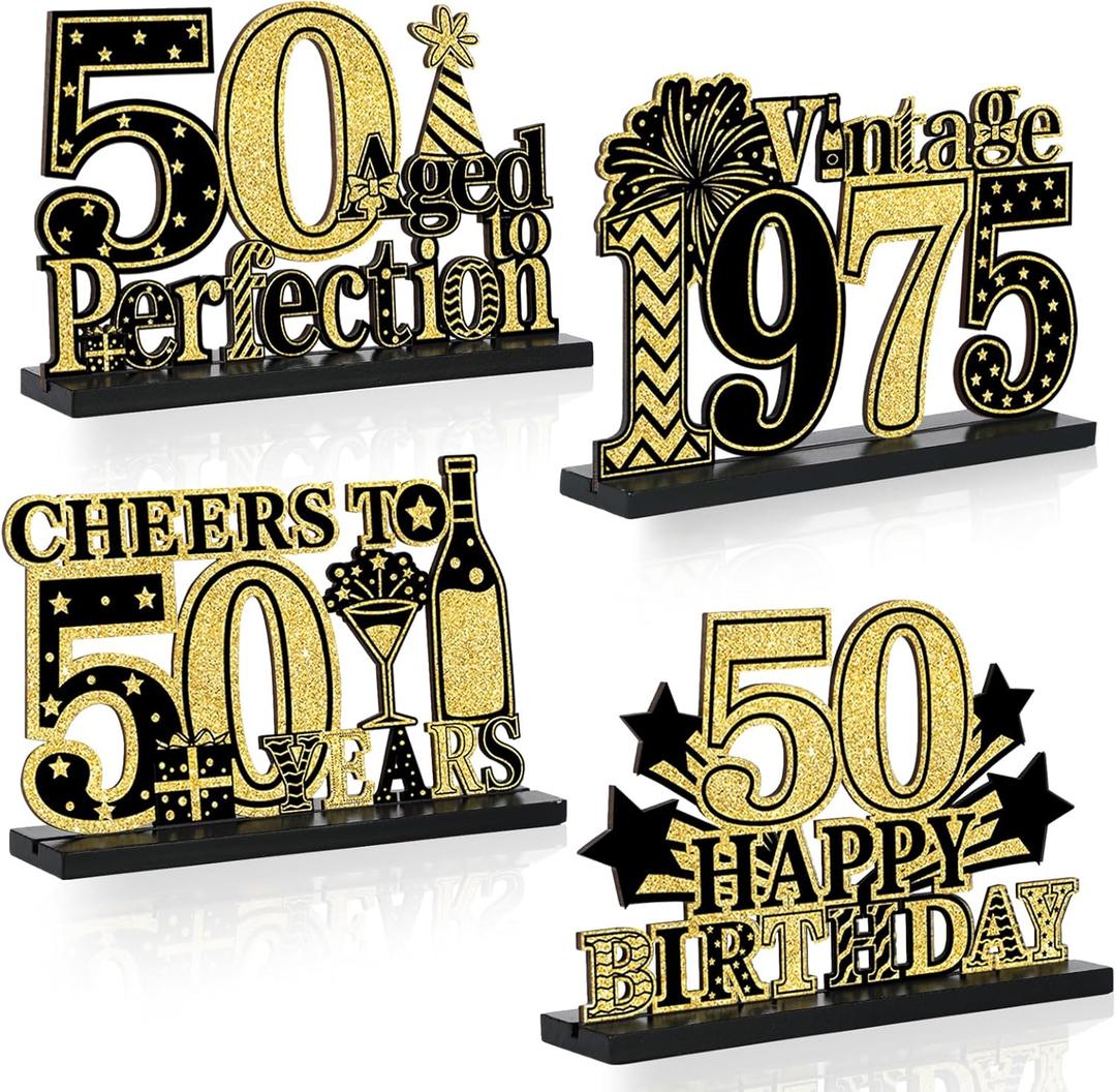 4 Pcs 50th Birthday Table Decorations Vintage 1975 Black Gold Birthday Party Centerpieces Aged to Perfection 50th Birthday Decorations Cheers To 50 Years Table Topper Wooden Decor for Men 50 Years Old