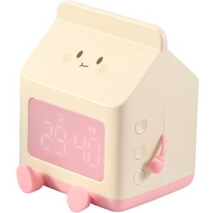 Cute Milk Box Alarm Clock for Kids, Digital Children's Wake Up Clock, 5 Minute Alarm, Rechargeable for Bedroom Decor, Birthday Gift