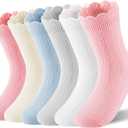 HONGTEYA Girls Socks Toddler Kids Ruffle Socks, School Uniform Dress Cotton Crew Socks for Girls 2-10 Years 6 Pairs (Blue)