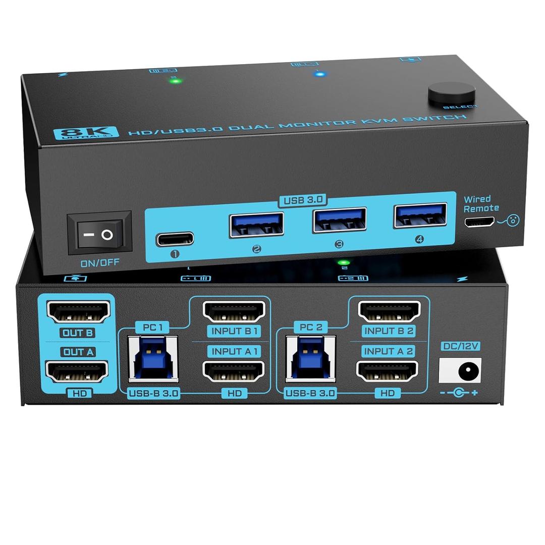 8K Dual Monitor KVM Switch Dual HDMI 2.1 2 Monitors 2 Computers 2 in 2 Out 4 Port USB 3.0 8K@60Hz/4K@120Hz KVM Switches Wired Desktop Controller & 2 USB 3.0 Cables Included