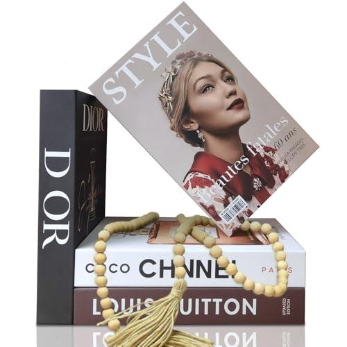 Decorative Books for Home Decor, Set of 4 Fake Books with Wood Bead Tassel, Aesthetic Bookshelf Decor for Living Room, Office, Bedroom, Coffee Table Decoration, Modern Stacked Display