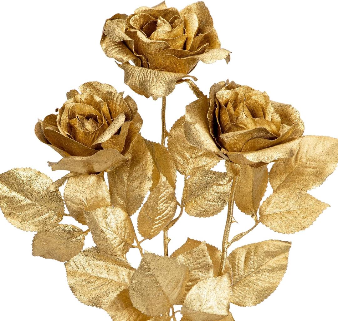 Hollyone 3Pcs Christmas Flowers Gold Artificial Rose Flowers 26.8inch Fake Roses Flower Floral Arrangements Bouquets Xmas Golden Faux Rose Stems for DIY Wedding Party Centerpieces Christmas Home Decor (Gold - Roses)