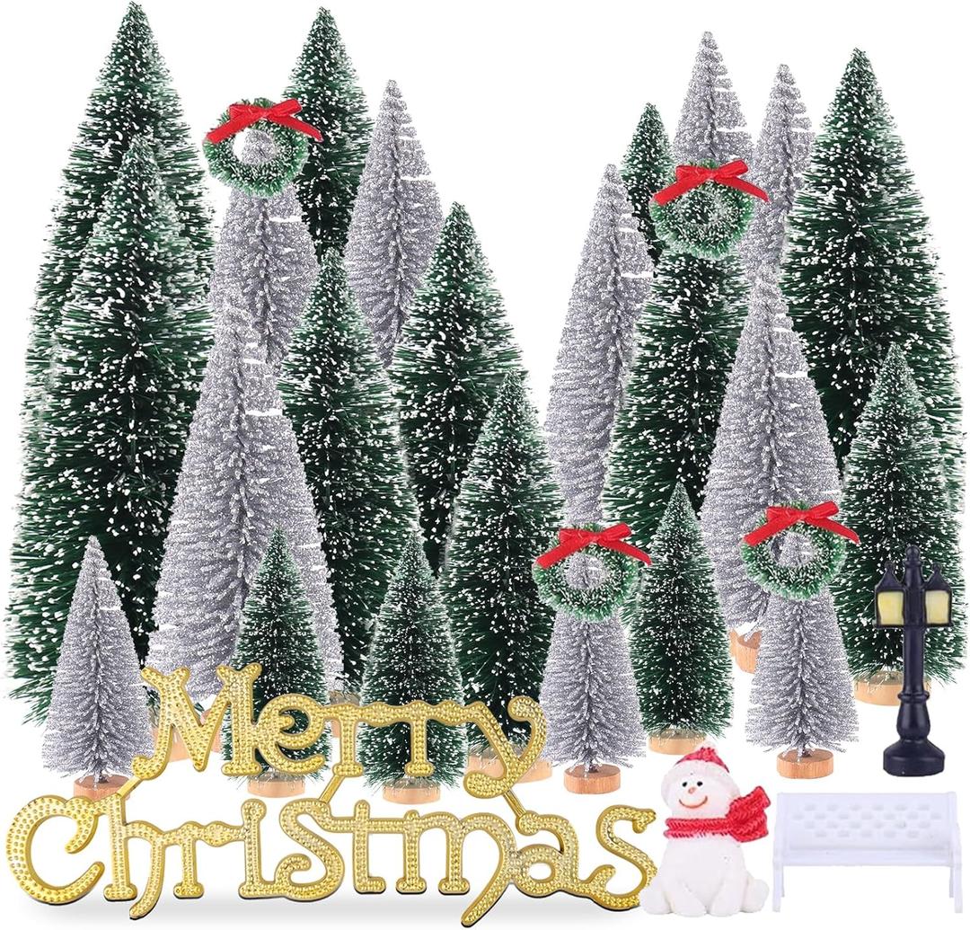 Mini Christmas Tree, Small Pine Tree with Wooden Bases for Xmas Holiday Party Home Tabletop Tree Decor (Silver/Green 30pcs)