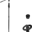 AxcessAbles One Hand Microphone Stand with Weighted Heavy Round Base and Quick Grip Height Adjustment - Telescoping Mic Boom Arm Included. Tall Microphone Stand for Singing (MS-201RB)