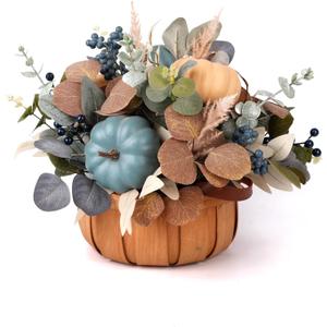 Fall Decor - Faux Pumpkins, Eucalyptus Leaves and Berries in Circular Woven Basket for Table Centerpiece, Shelf, Mantel - Autumn Thanksgiving Arrangement for Home Indoor Outdoor - 10" Diameter