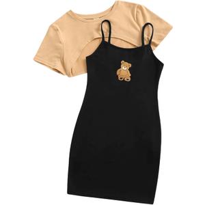 SOLY HUX Girl's 2 Piece Outfits Short Sleeve Crop Top and Cartoon Print Cami Dress Set (