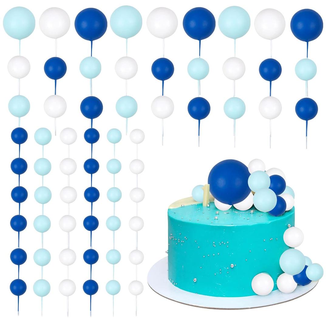 Gyufise 30Pcs Ball Cake Picks Colorful Ball Shaped Cake Topper Mini Balloons Pearl Balls Cupcake Picks Ball Cake Insert Topper for Birthday Party Wedding Decoration Supplies Blue White Dark Blue