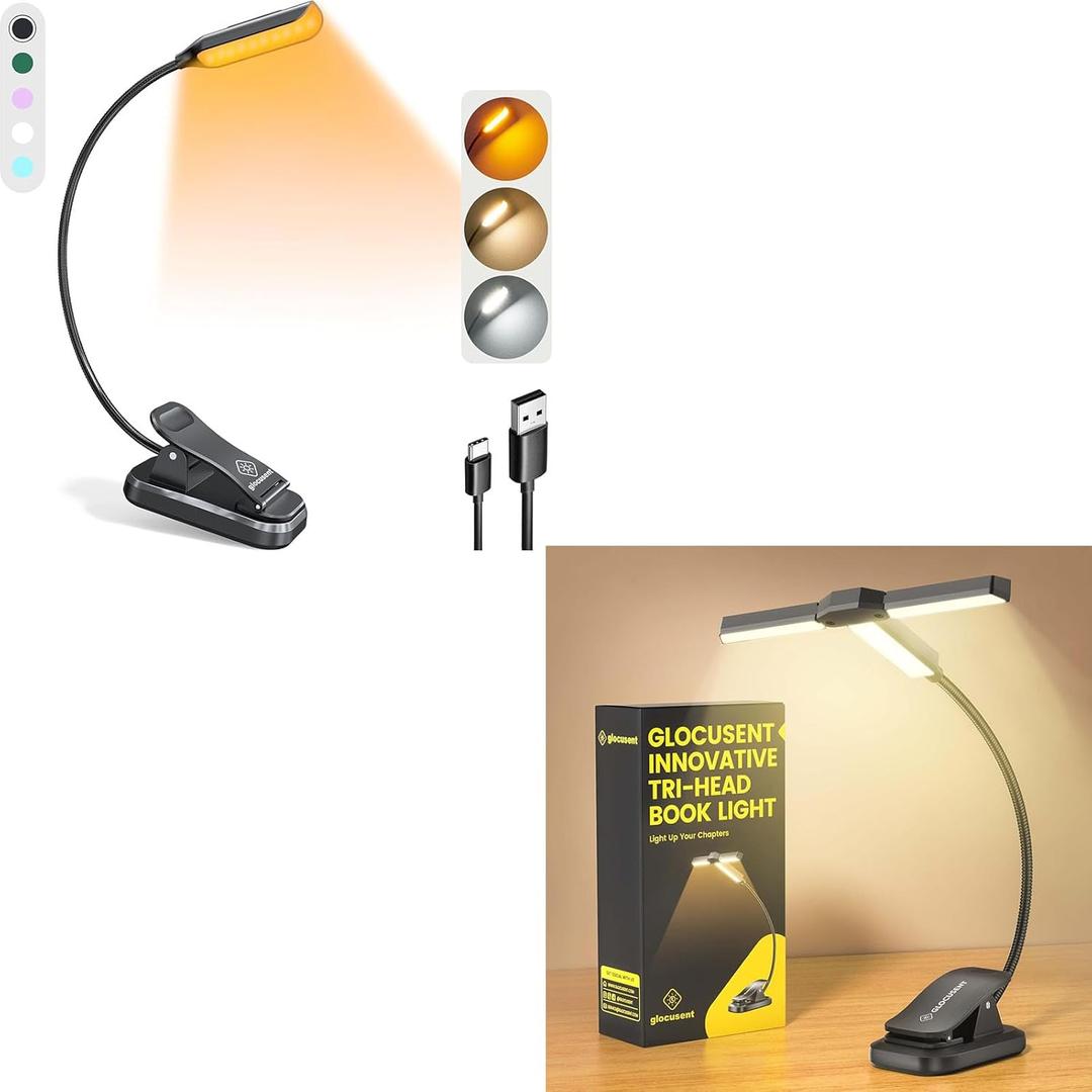 Glocusent USB Rechargeable Book Light for Reading in Bed, Tri-Head Reading Light, Compact & Long Lasting, Perfect for Book Lovers