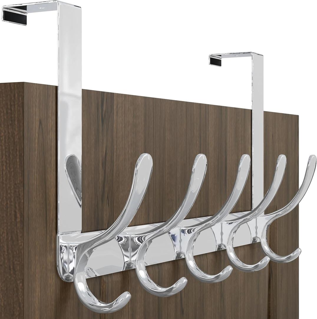 WEBI Over The Door Hook 5 Coat Hooks,Over The Door Towel Rack,Door Hanger Over Door Coat Rack for Hanging Towels,Clothes,Bathroom,Chrome