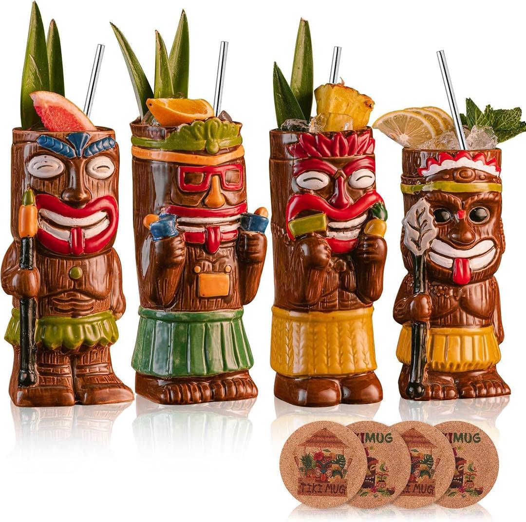 Cocktail Tiki Mugs Set Of 4 - Exotic Mug With 4 Coasters And 4 StrawsCute Ceramic Hawaiian Style Cocktail Glasses For Party And Tropical Tiki BarMai Tai Drinkware (Glossy)