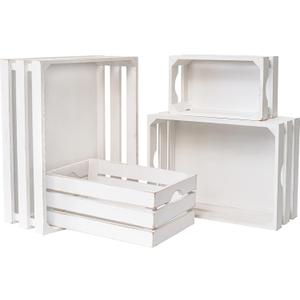 Set of 4 Large Wooden Crates Decorative, Whitewashed Nesting Wooden Crates for Display Rustic, Farmhouse Wooden Storage Container Boxes Made from 100% Wood
