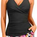 Women Tankini Swimsuits with Shorts - Two Piece Tummy Control Bathing Suits Top with Two Pockets Bottom Swimwear XL