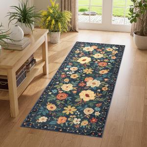 DUKINO 2x5 Runner Rug for Hallway, Washable Kitchen Floral Runner Rug with Non Slip Backing, Low Pile Soft Boho Carpet for Kitchen, Hallway, Entryway, Laundry, Bedroom, Navy Blue