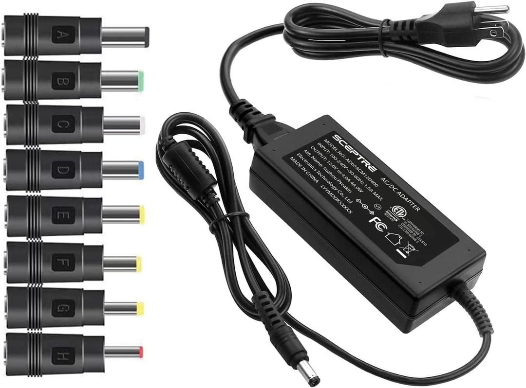 Kado AC/DC Power Adapter 12V-4A 3A 2.5A 2A 1.25A 1A Power Cord 5.5x2.1mm with 8 Tips Made for Sceptre Monitor, Echo Smart Speaker & Display, Webcam, Router, Mini PC, Projector, CCTV, Bluetooth Speaker