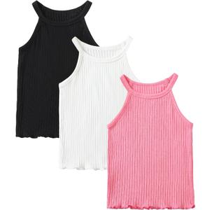 ROMPERINBOX Toddler Tank Tops Girls 3 Pack Ribbed Knit Multipacks Halter Top Camisoles Undershirt (Black/White/Hot Pink,7Y)
