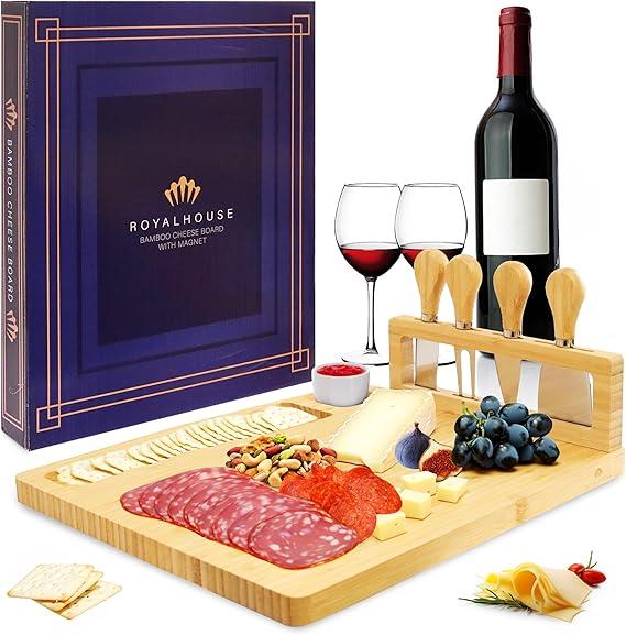 RoyalHouse Bamboo Cheese Board and Knife Set with Magnetic Holder - Serving Tray for Crackers, Meat, and Liquor - Anniversary and Wedding Gift