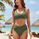Blooming Jelly Women's High Waisted Bikini Sets Matel Tummy Control Swimsuits V Neck Twist Front Bathing Suit (Green, L)